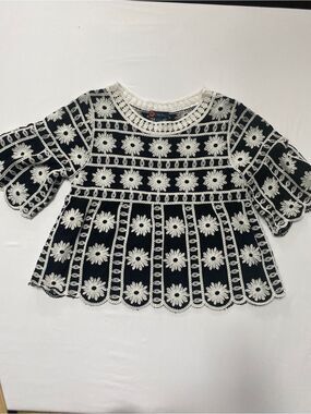 Indigo Poppy Embroidered Peplum Top Medium Boho Floral Blouse